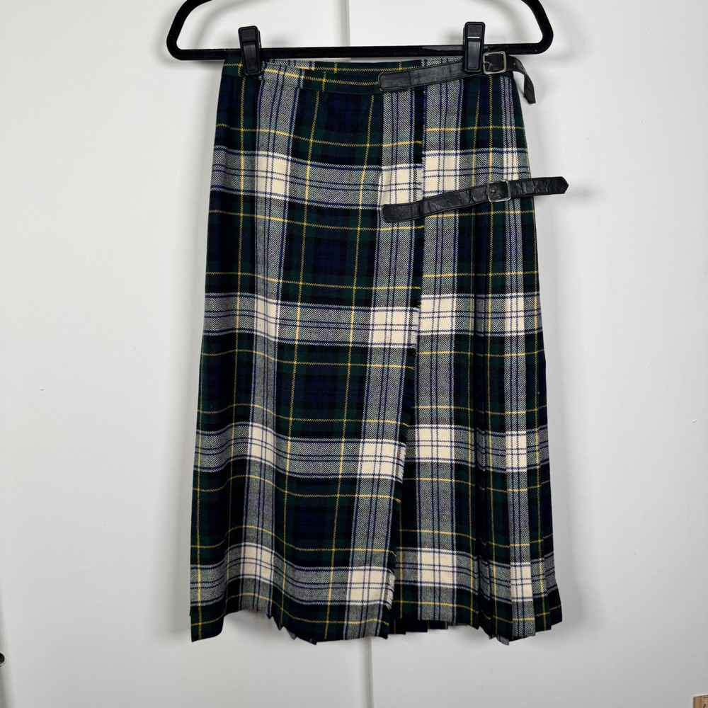 Vintage Plaid Pleated Kilt Skirt Green Navy Cream Adjustable Waist 26-30